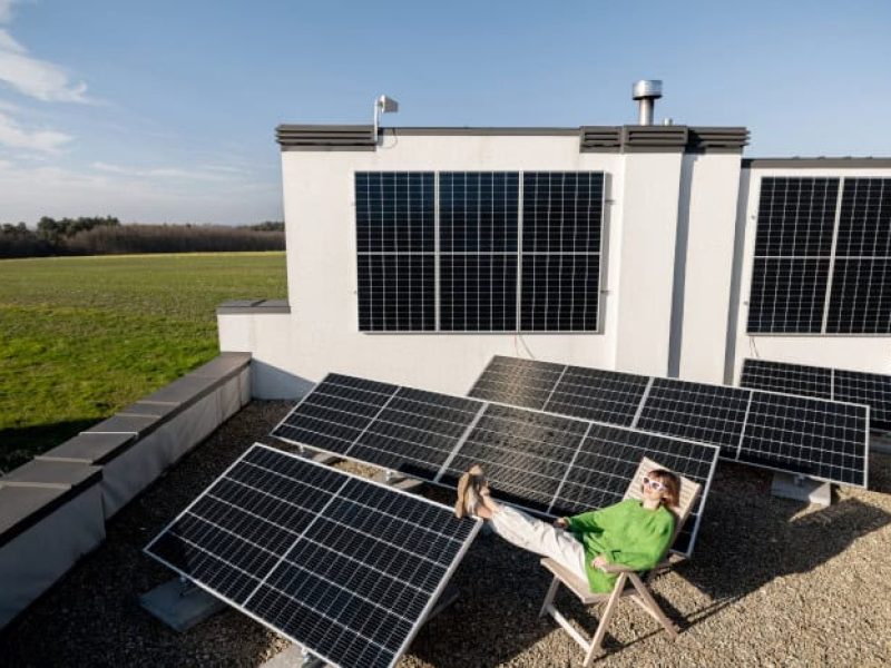 Junge Frau sitzt entspannt auf einem Dach zwischen Solarmodulen