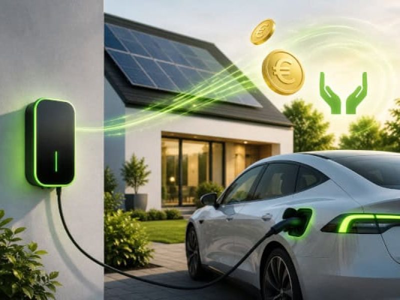 Grafik einer Wallbox mit ladendem E-Auto, Euro Münzen fliegen, Symbolbild Wallbox Förderung 2026